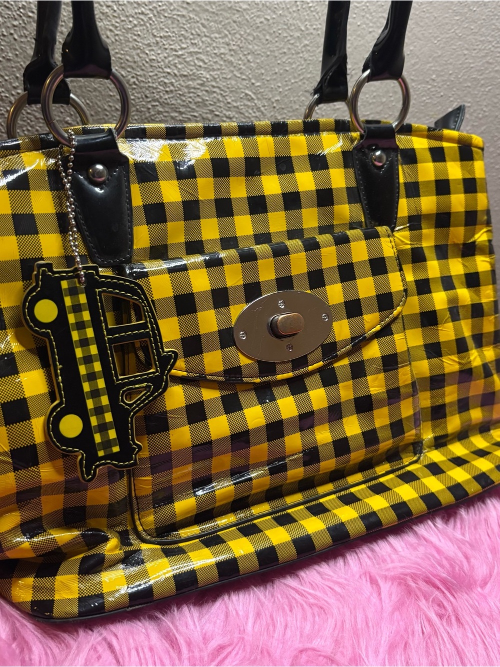 Kristine Y2K Yellow Black Buffalo Plaid Patent Tote Bag Taxi Charm